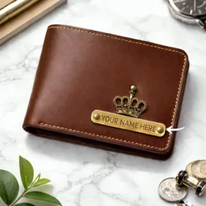 Customised wallet with name plate and crown design engraving