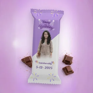 Custom birthday return gift chocolate for kids with photo name and date printed on wrapper