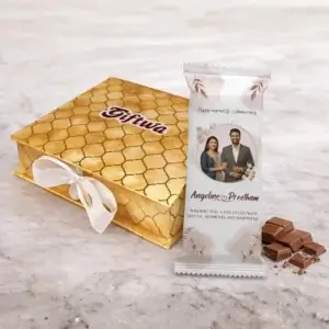 Personalized wedding chocolate gift hamper with custom names and photo