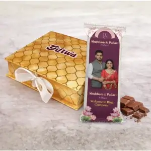 Personalized engagement chocolate gift hamper with custom couple photo wrapper